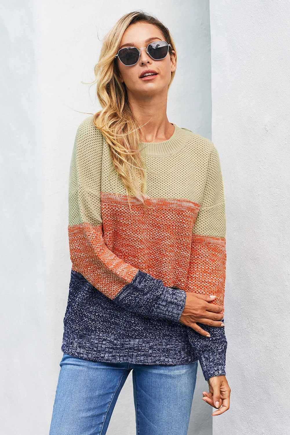 Brown Color Block Netted Texture Pullover Sweater