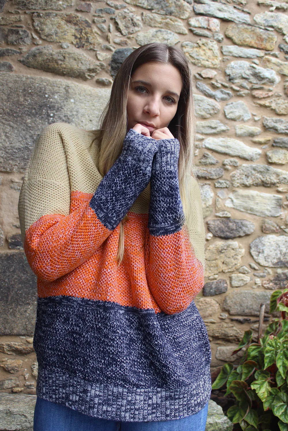 Brown Color Block Netted Texture Pullover Sweater