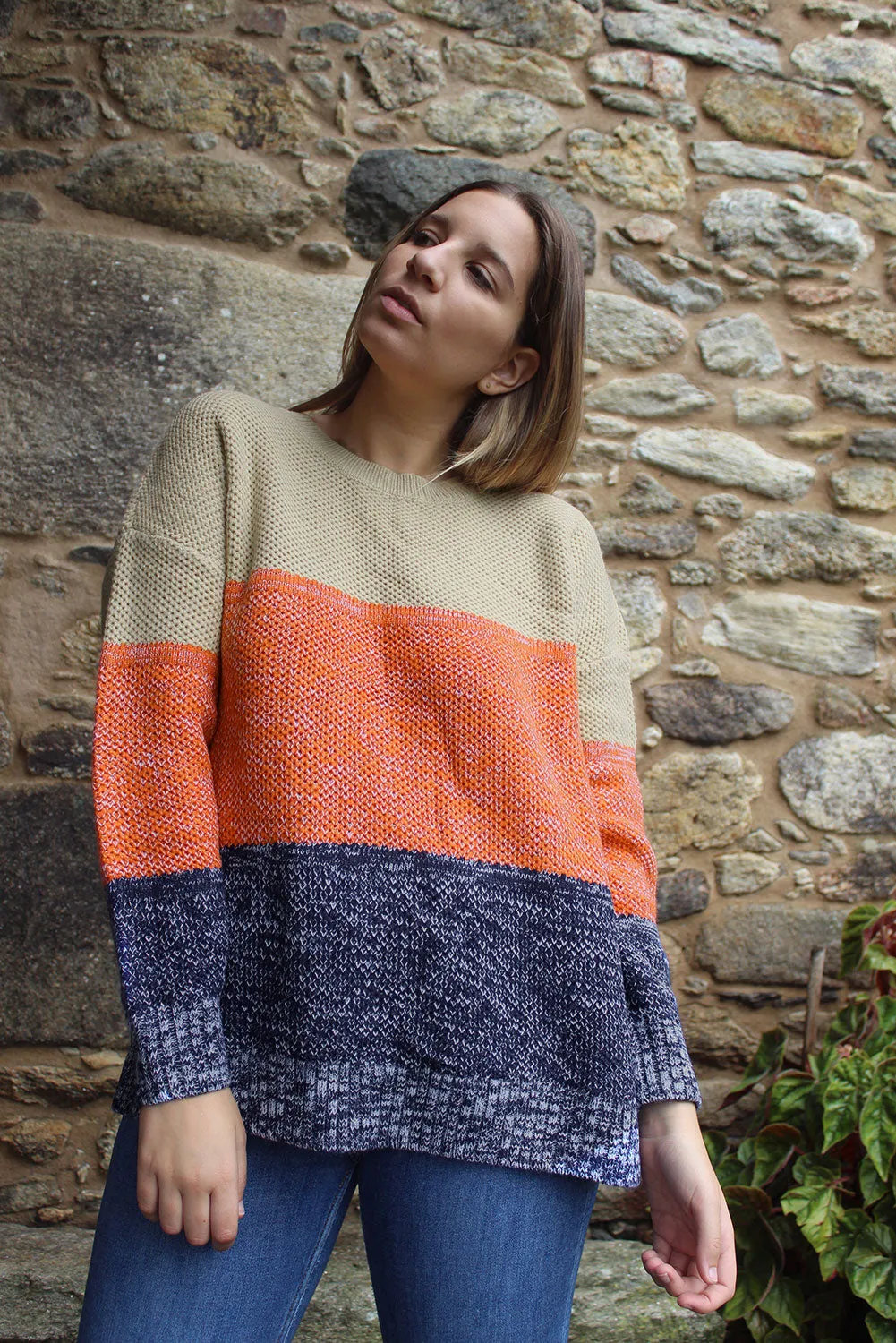 Brown Color Block Netted Texture Pullover Sweater