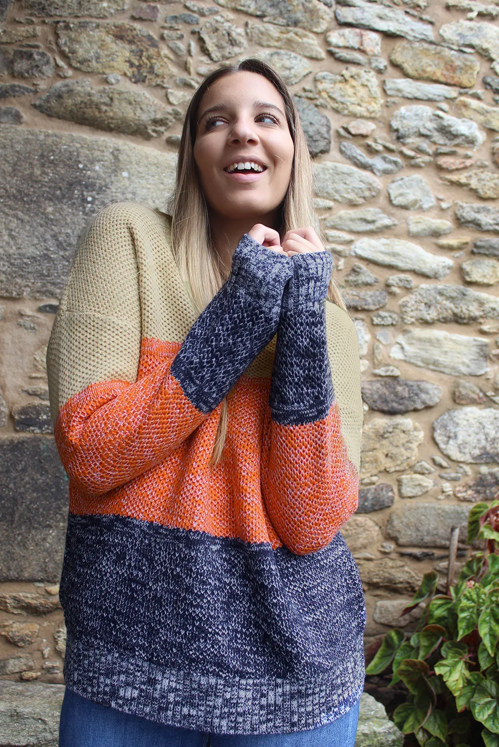 Brown Color Block Netted Texture Pullover Sweater