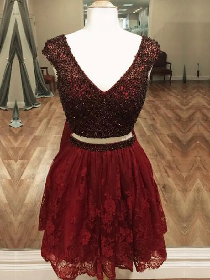 Burgundy Beaded Top Lace Two Pieces Short Homecoming Dresses, BH121