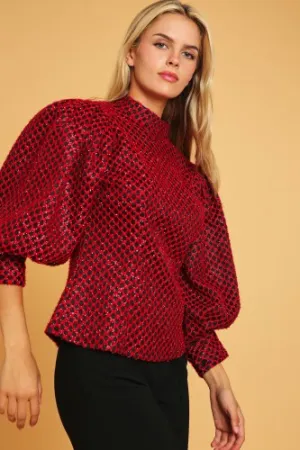 Burgundy Eyelet Puff Sleeve Mock Neck
