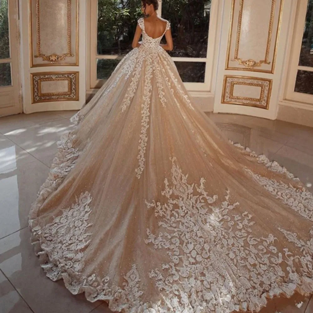 champagne luxury wedding dresses ball gown lace applique sparkly elegant vintage wedding gown