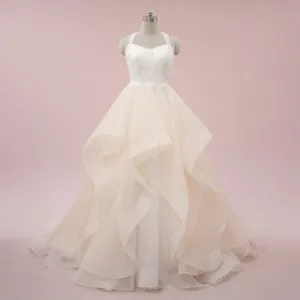 Champagne Ruffle Ball Gown Wedding Dress with Lace Top | NAROD