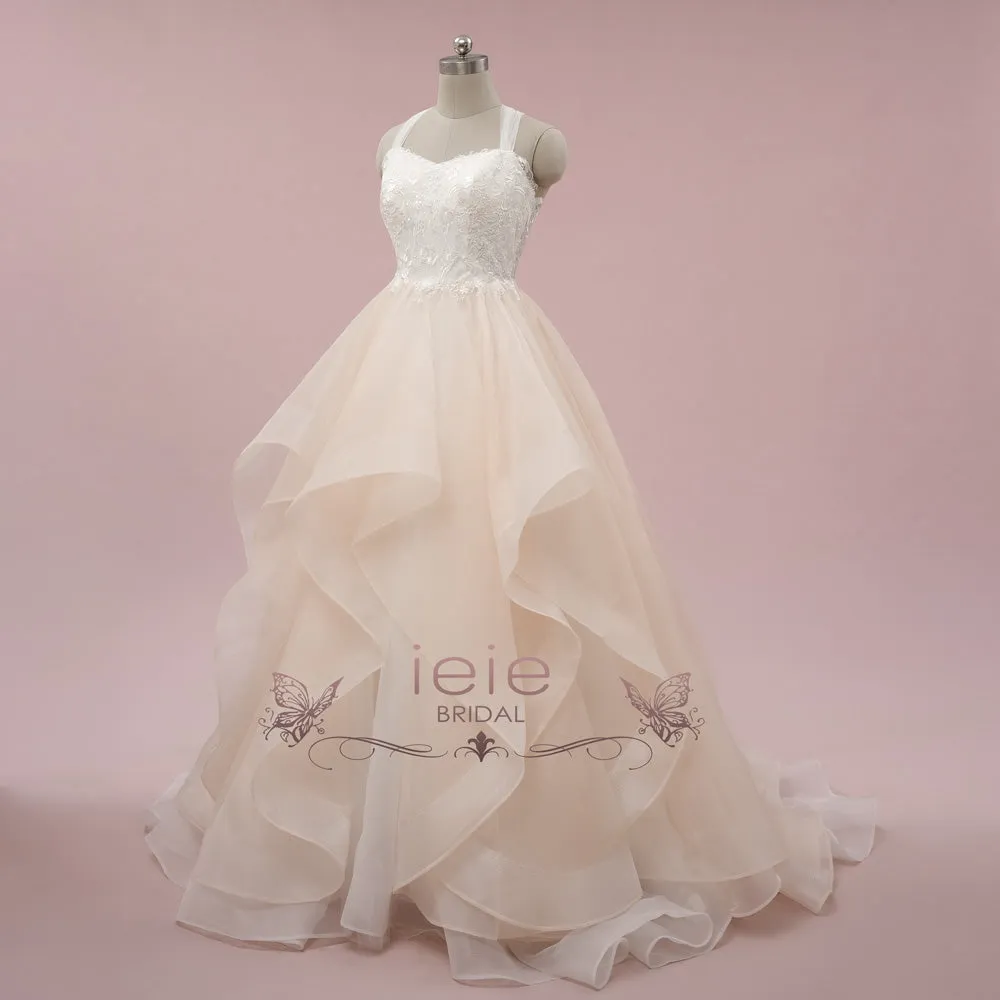 Champagne Ruffle Ball Gown Wedding Dress with Lace Top | NAROD