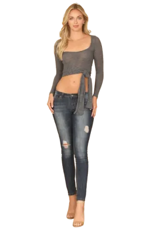 Charcoal Scoop Neck Long Sleeve Twist Side Tie Ribbed Crop Top - Pack of 5