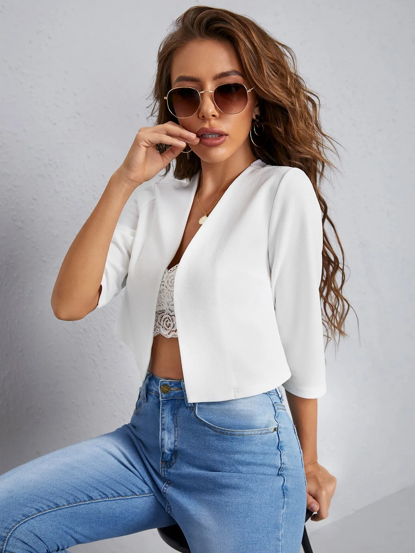 Cherry Vibes Blazer Unicolor con Delantera Abierta en