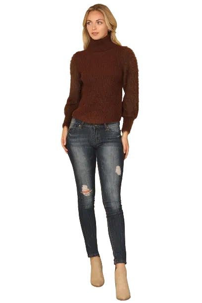 Chocolate Fur Sleeves Ribbed Turtle Neck Sweater - Pack of 6