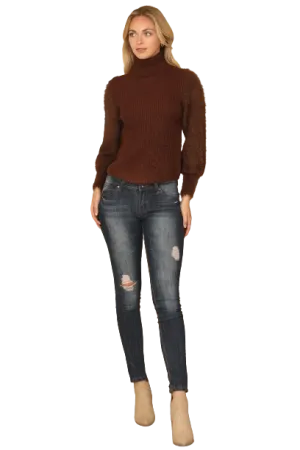 Chocolate Fur Sleeves Ribbed Turtle Neck Sweater - Pack of 6