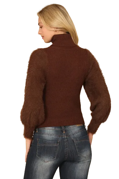 Chocolate Fur Sleeves Ribbed Turtle Neck Sweater - Pack of 6