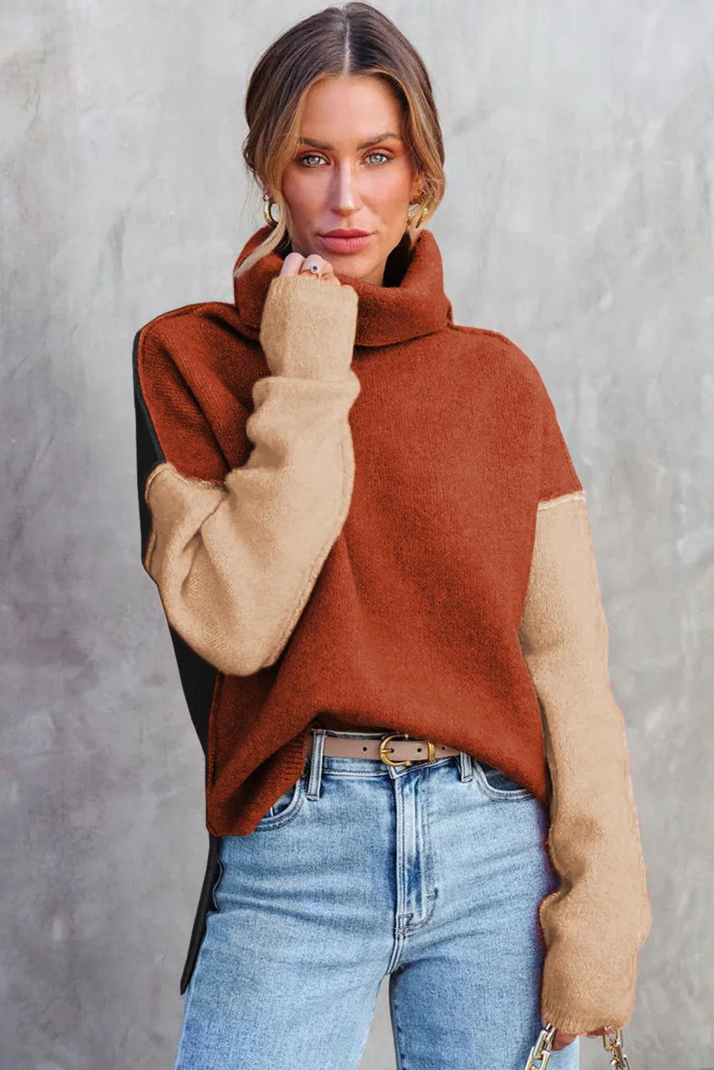 Clay Red Color Block Turtle Neck Drop Shoulder Knit Sweater