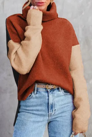 Clay Red Color Block Turtle Neck Drop Shoulder Knit Sweater