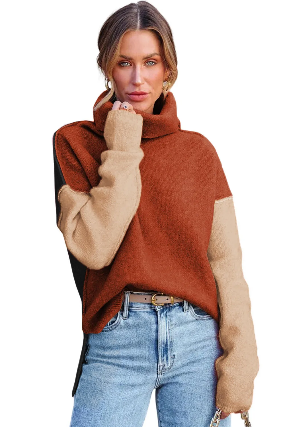 Clay Red Color Block Turtle Neck Drop Shoulder Knit Sweater