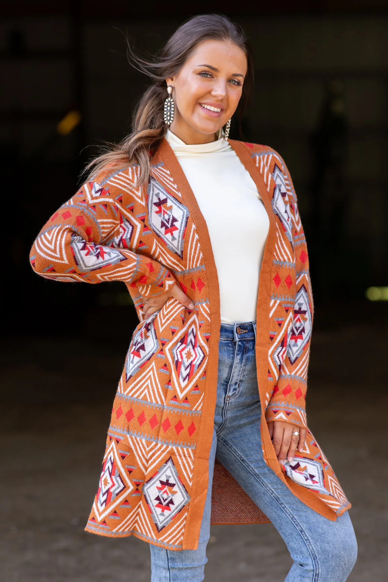 Cognac and Crimson Aztec Print Cardigan