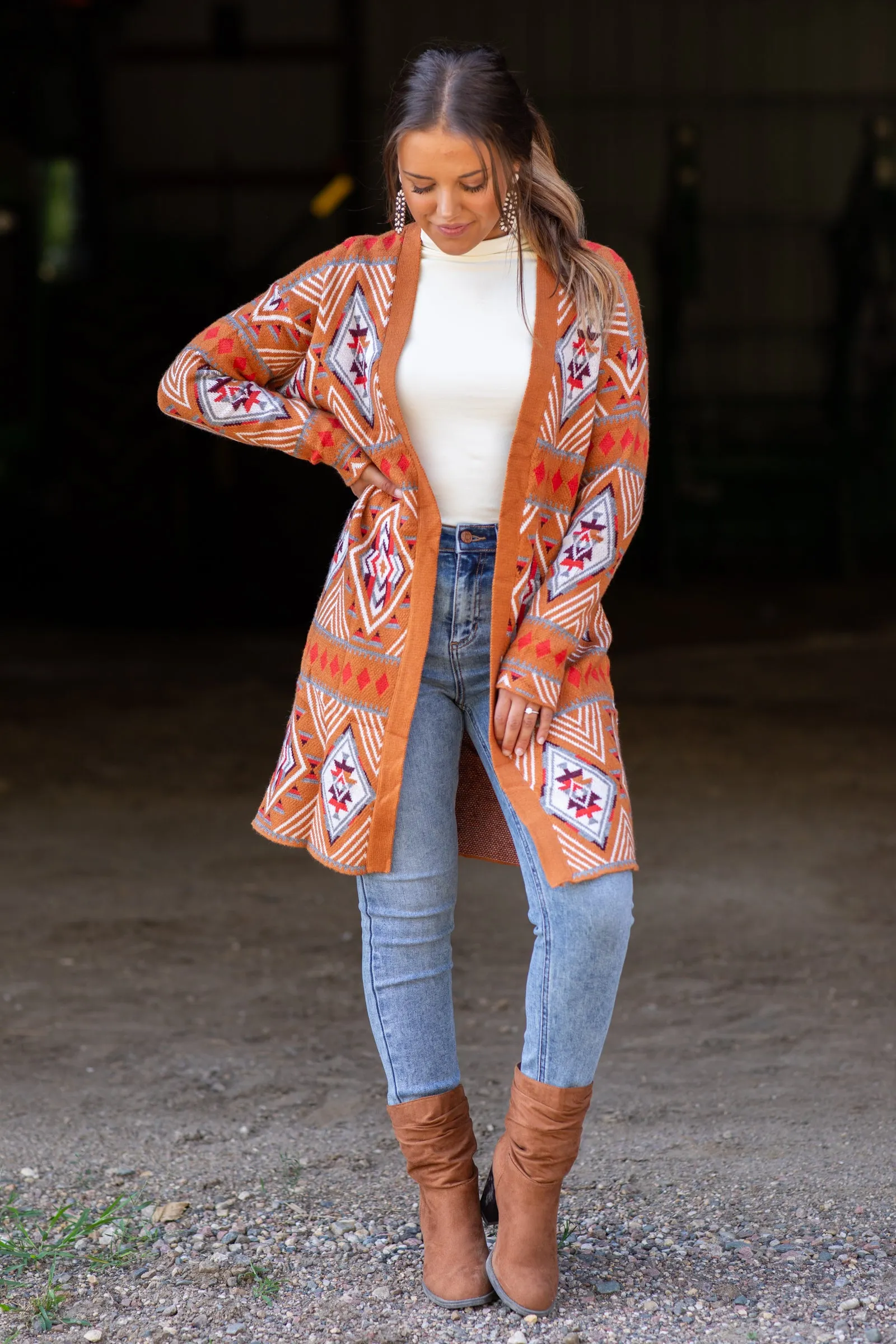 Cognac and Crimson Aztec Print Cardigan