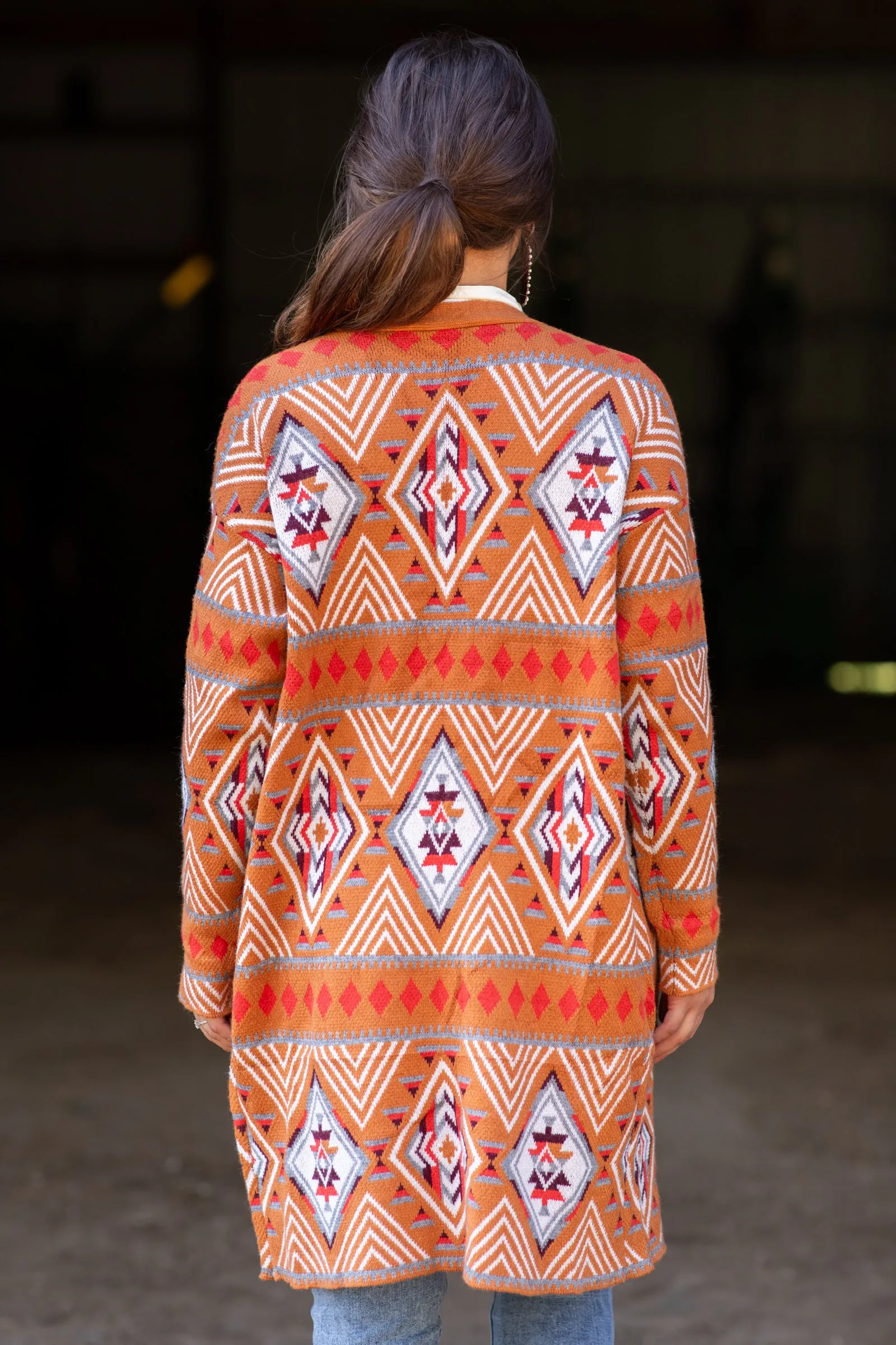Cognac and Crimson Aztec Print Cardigan