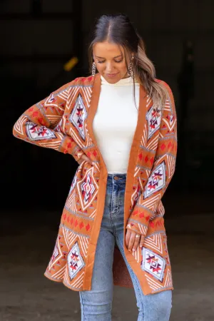 Cognac and Crimson Aztec Print Cardigan