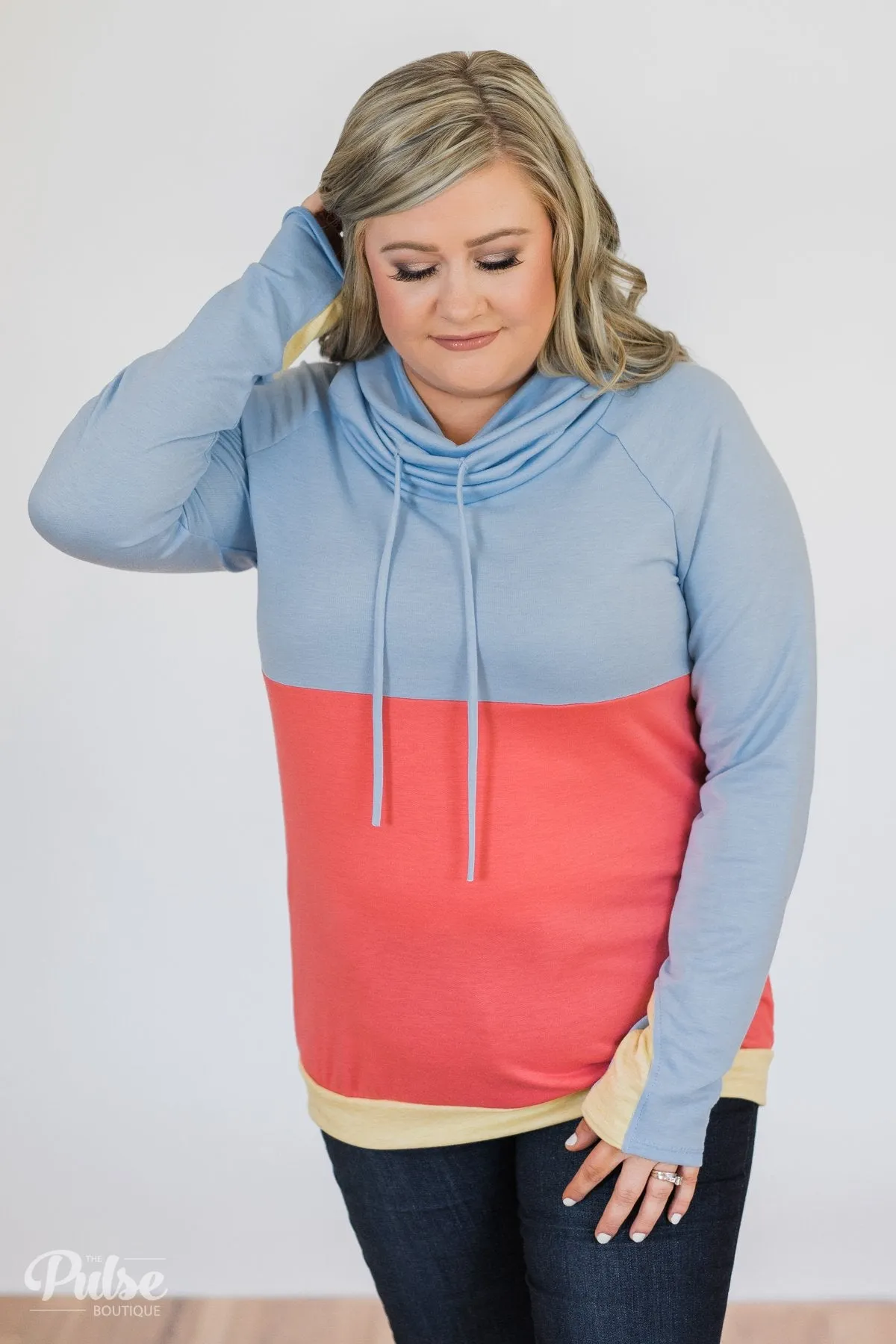 Color Block Cowl Neck- Light Blue & Coral