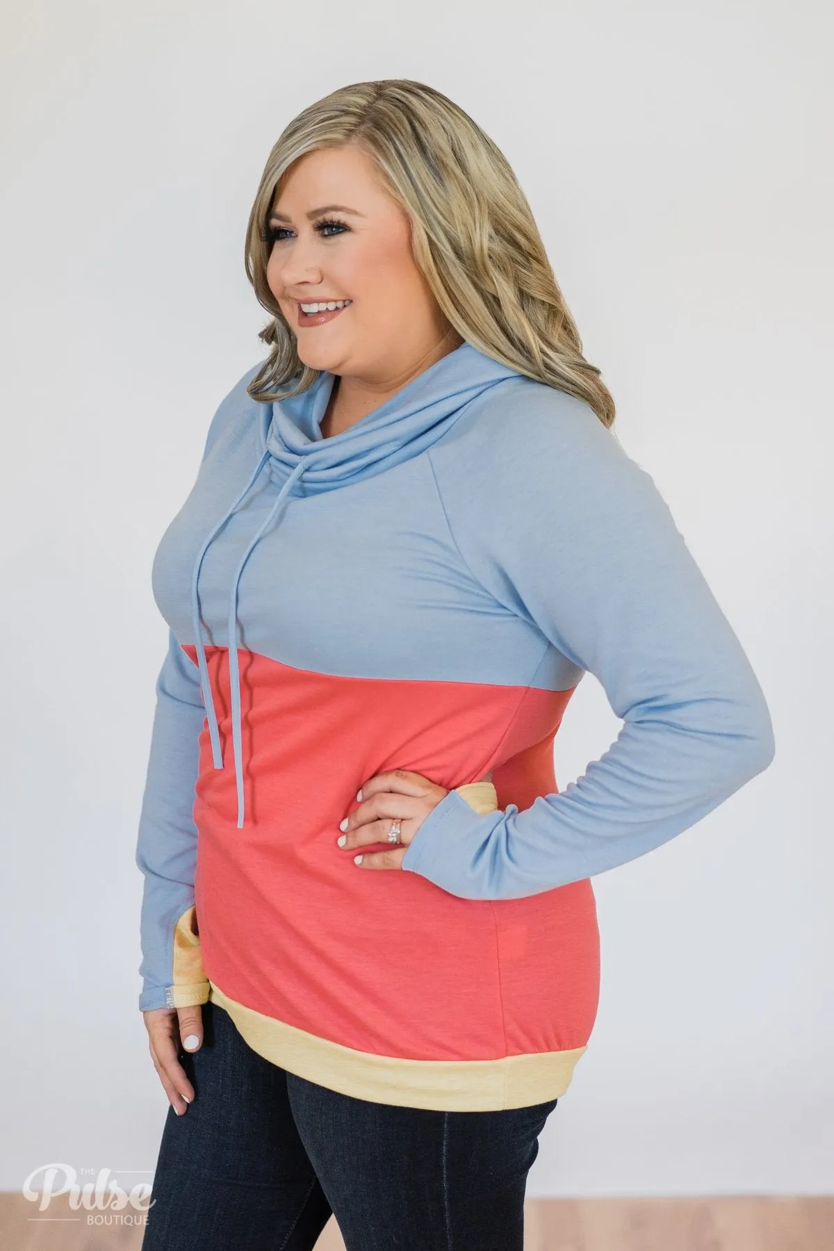 Color Block Cowl Neck- Light Blue & Coral
