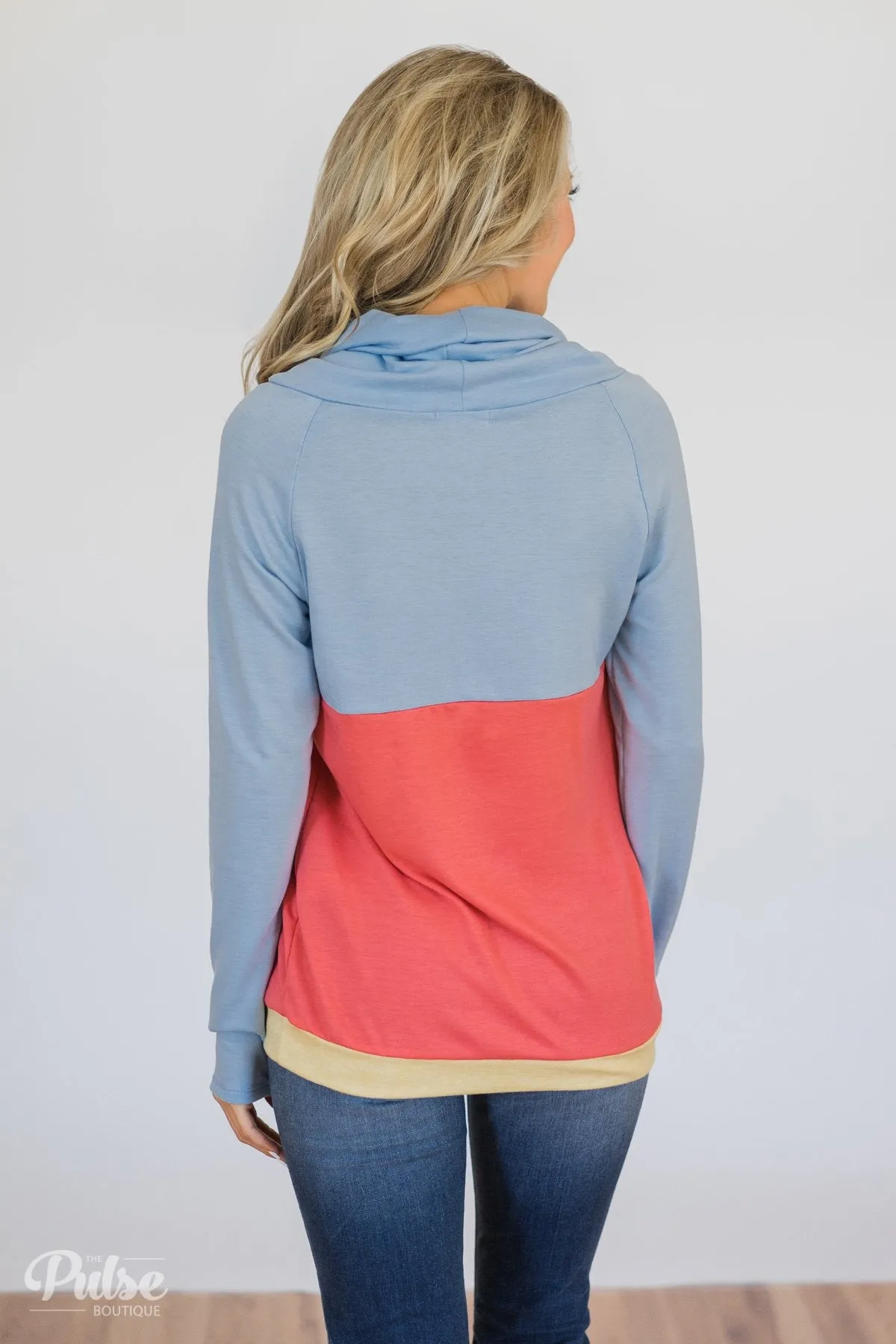 Color Block Cowl Neck- Light Blue & Coral