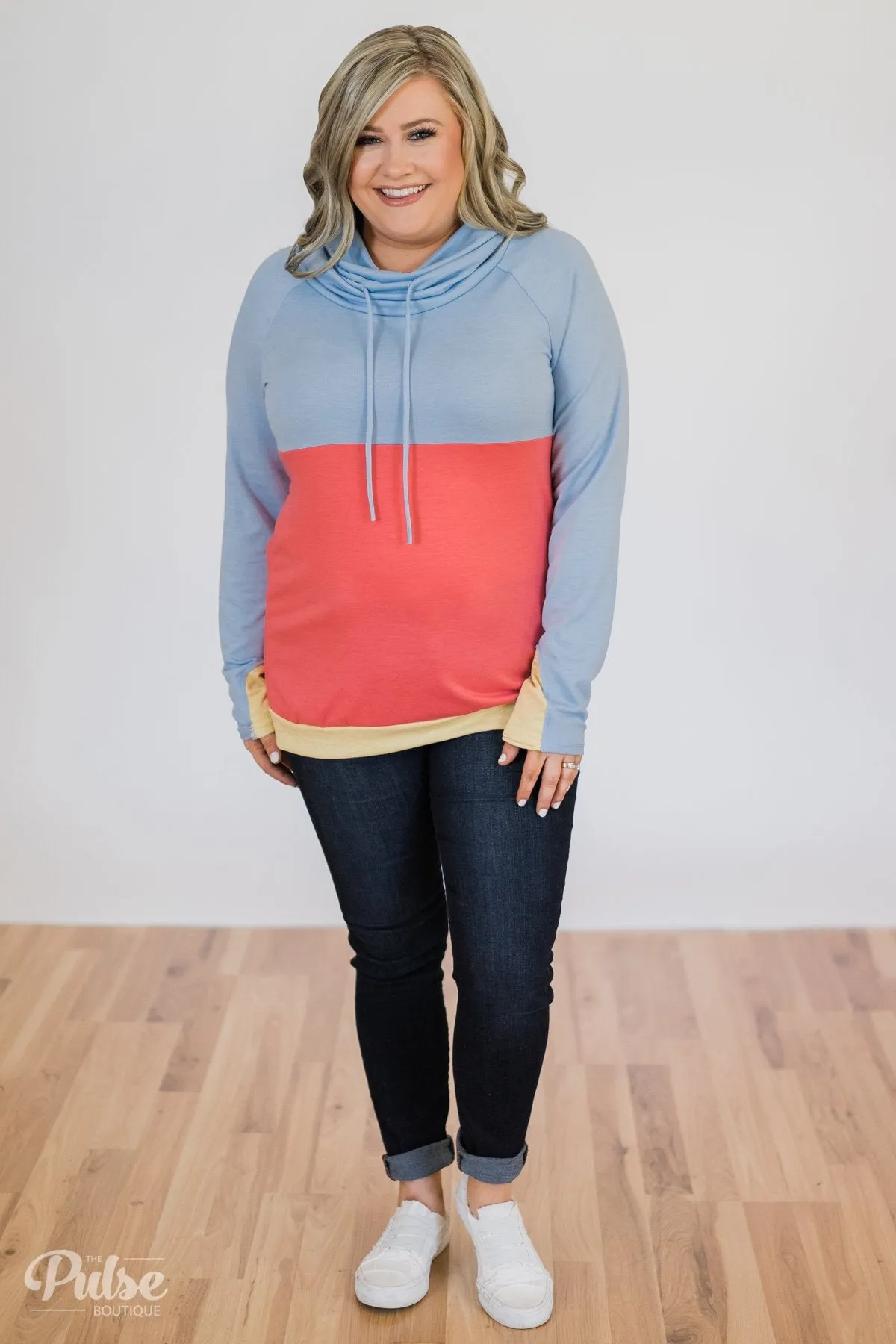 Color Block Cowl Neck- Light Blue & Coral