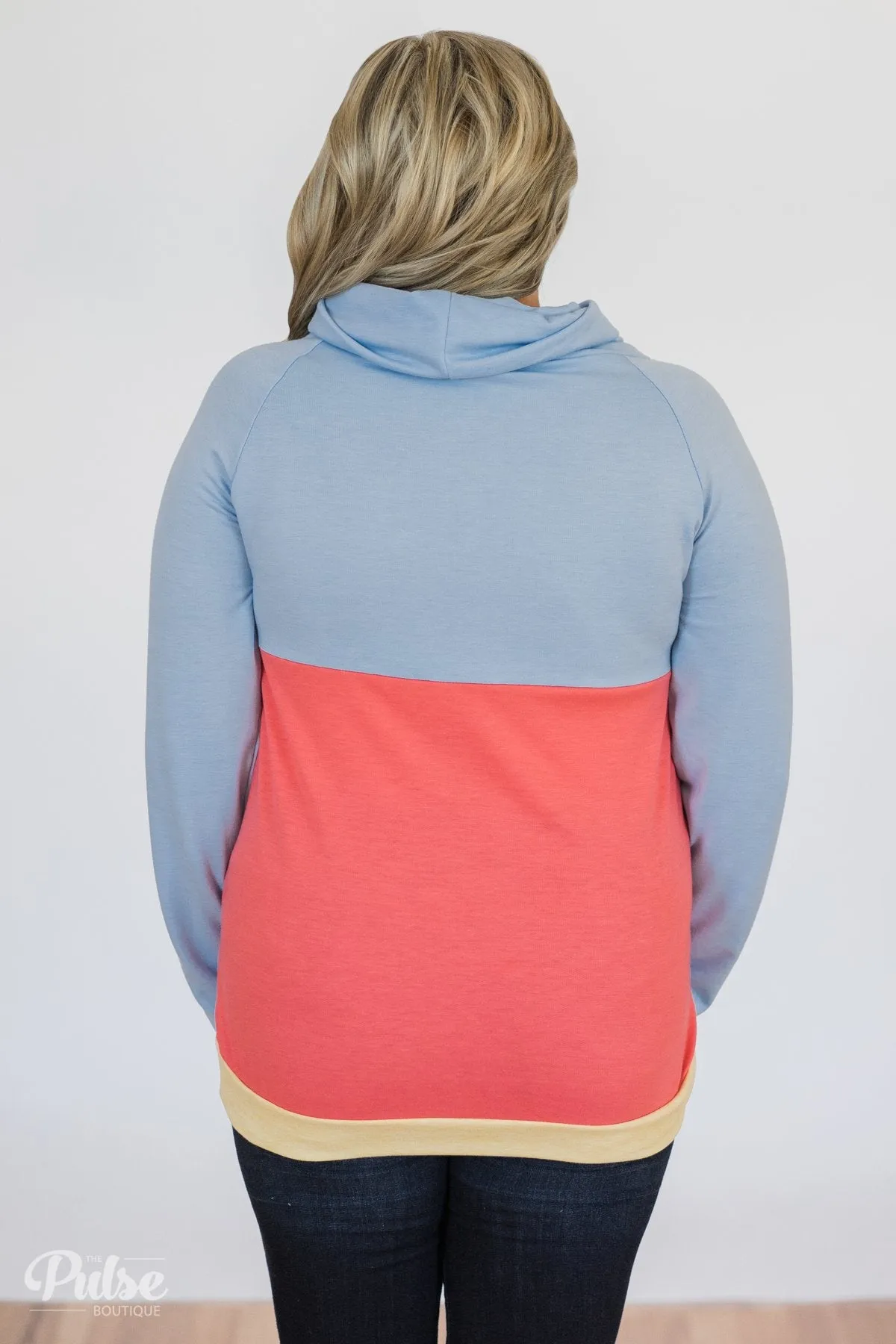 Color Block Cowl Neck- Light Blue & Coral