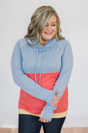 Color Block Cowl Neck- Light Blue & Coral
