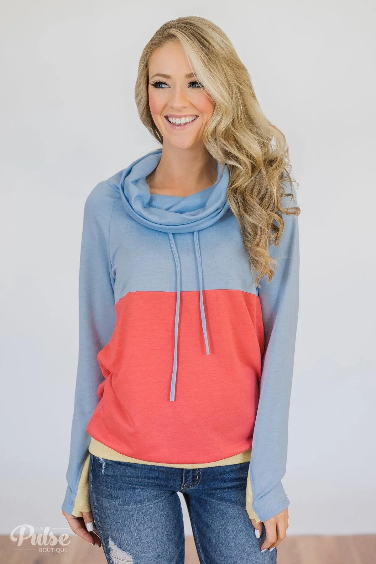 Color Block Cowl Neck- Light Blue & Coral