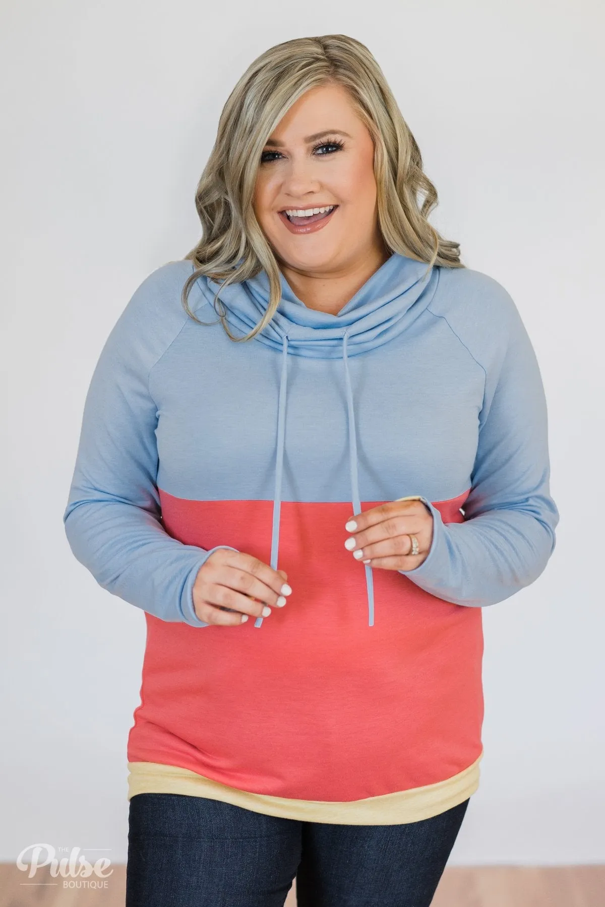 Color Block Cowl Neck- Light Blue & Coral