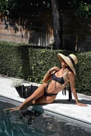 COSITA BUENA - Wavy Scoop Neck Drawstring Top & Strappy  Ruched Back Bottom • Black Influencer
