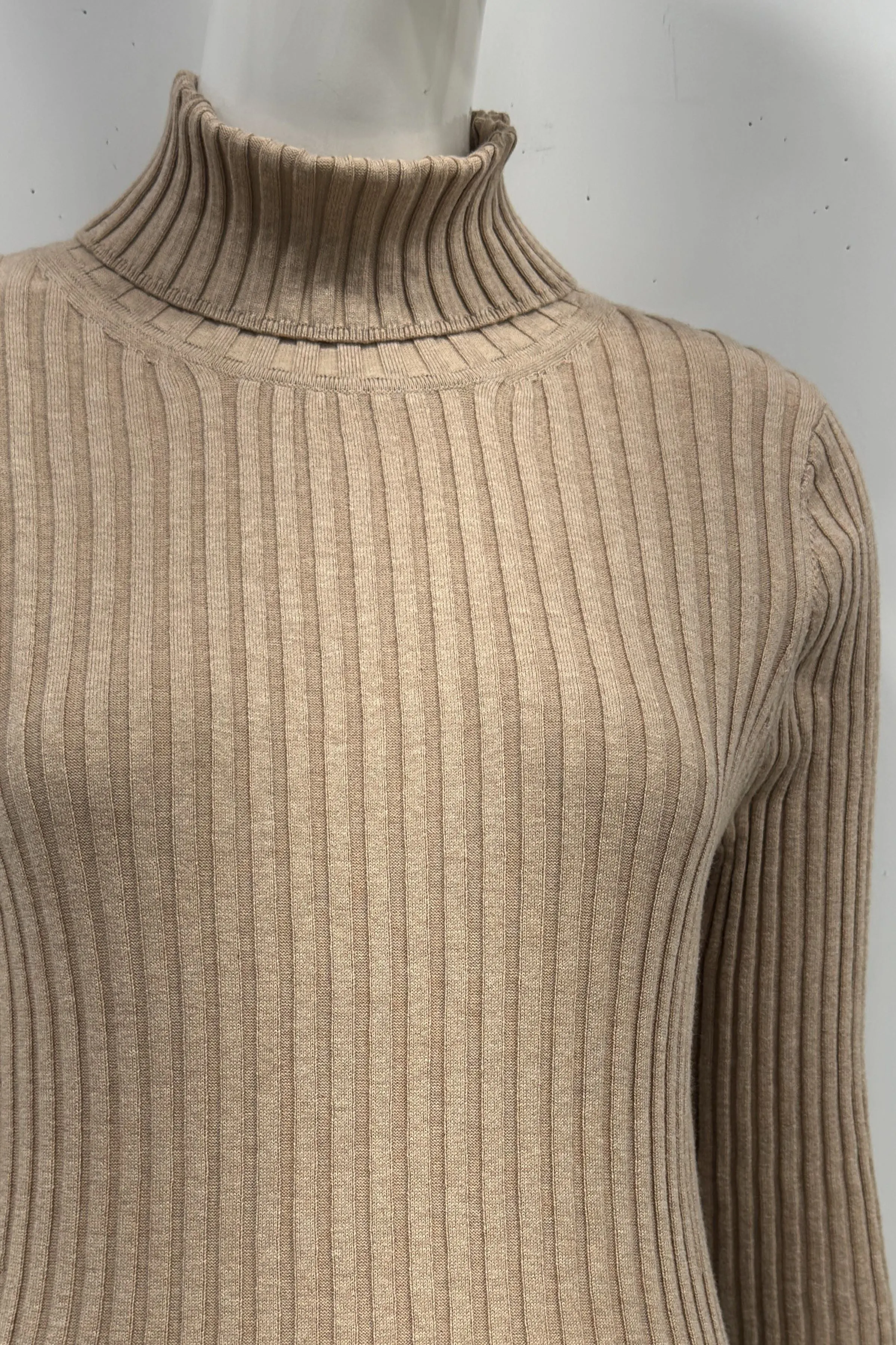 Cotton/Cashmere Blend Long Sleeve Rib Turtle Neck Pullover
