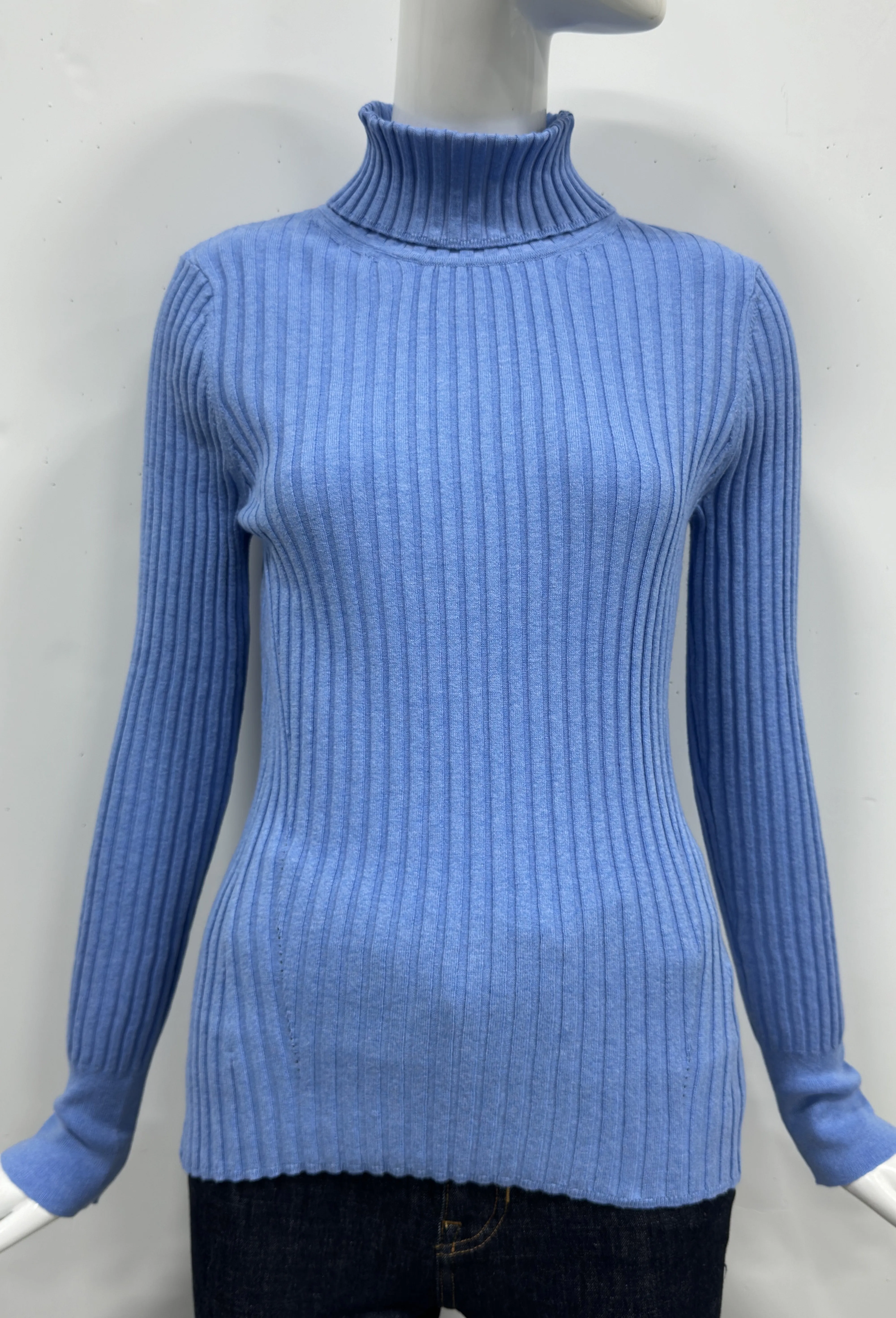 Cotton/Cashmere Blend Long Sleeve Rib Turtle Neck Pullover