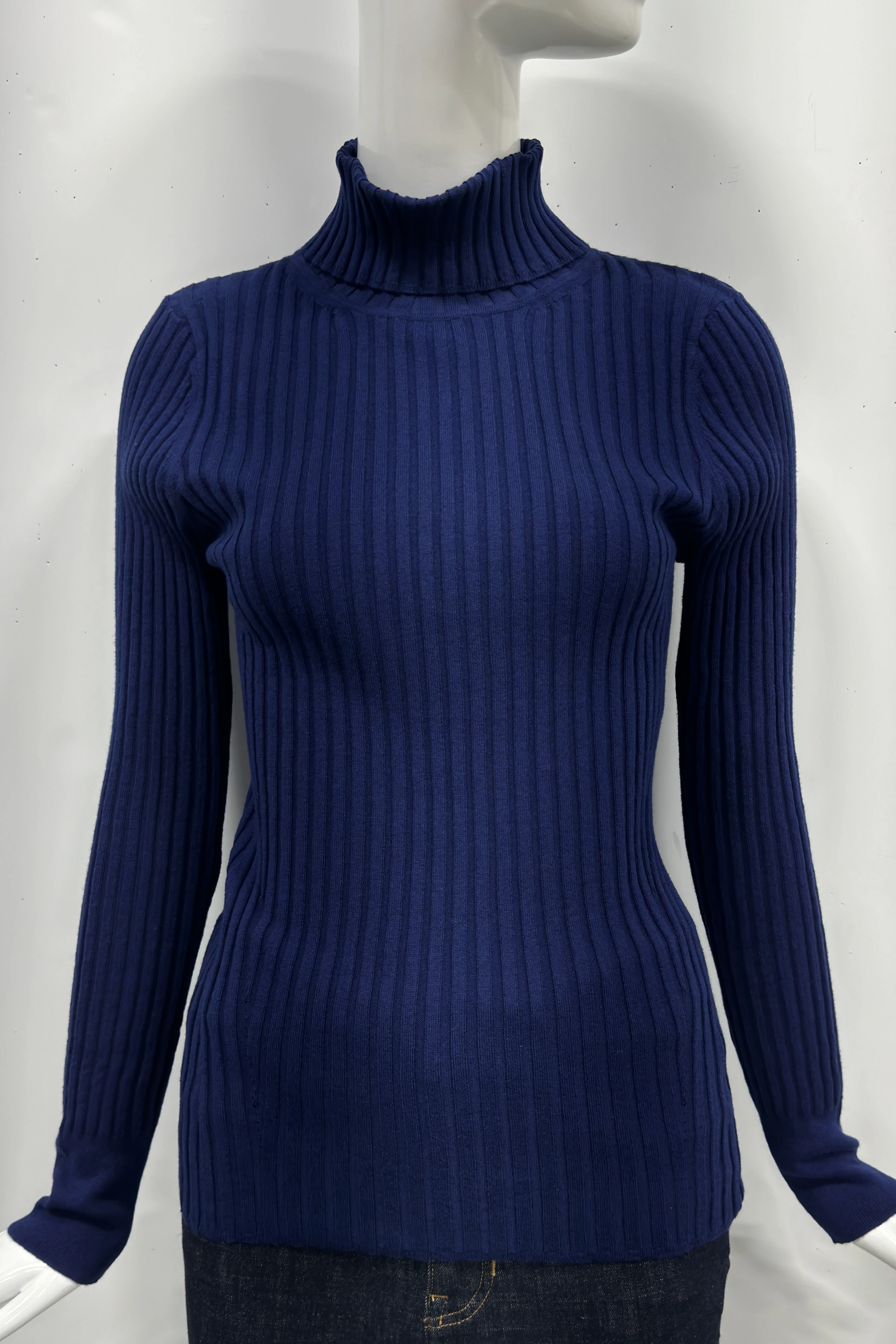 Cotton/Cashmere Blend Long Sleeve Rib Turtle Neck Pullover