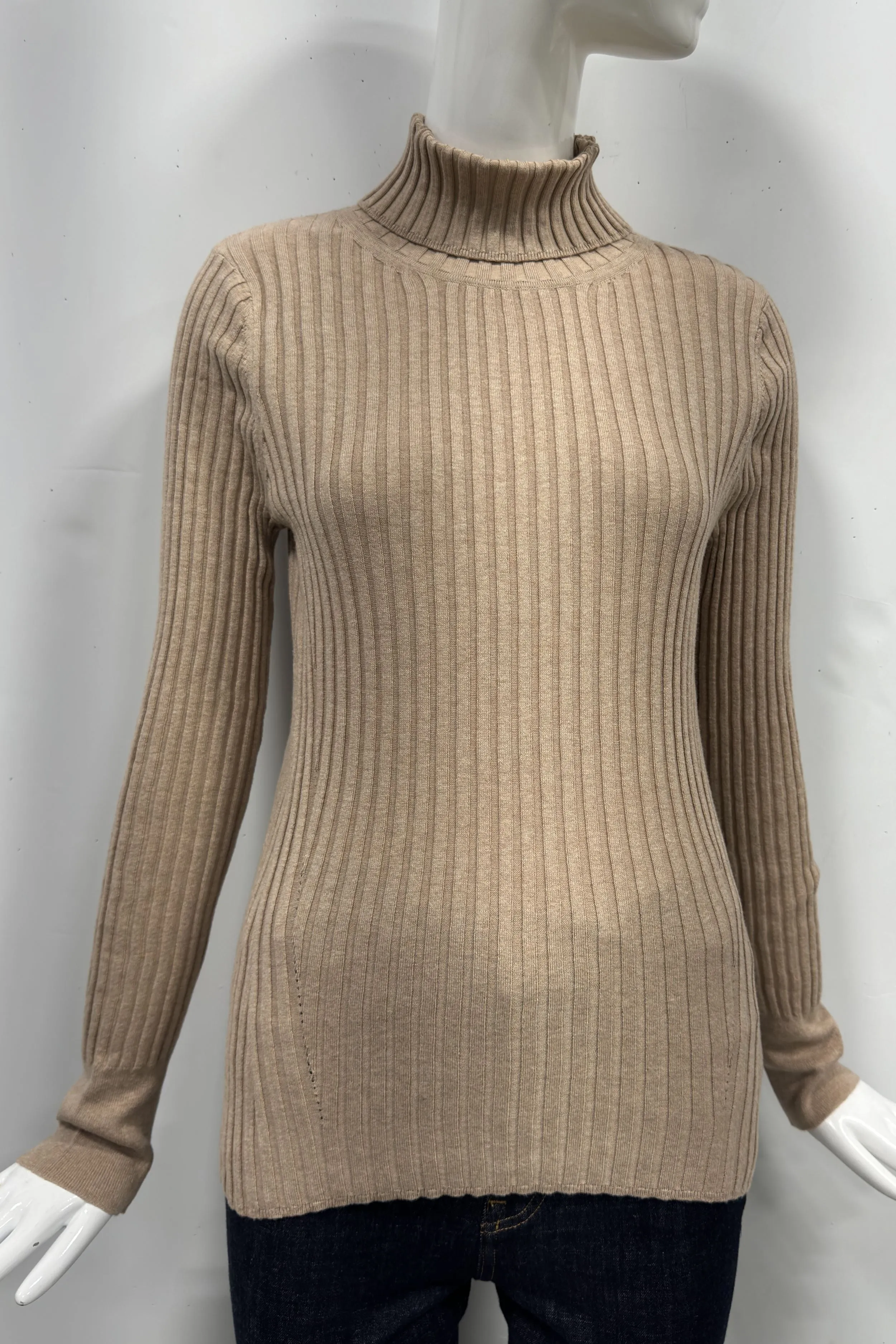Cotton/Cashmere Blend Long Sleeve Rib Turtle Neck Pullover