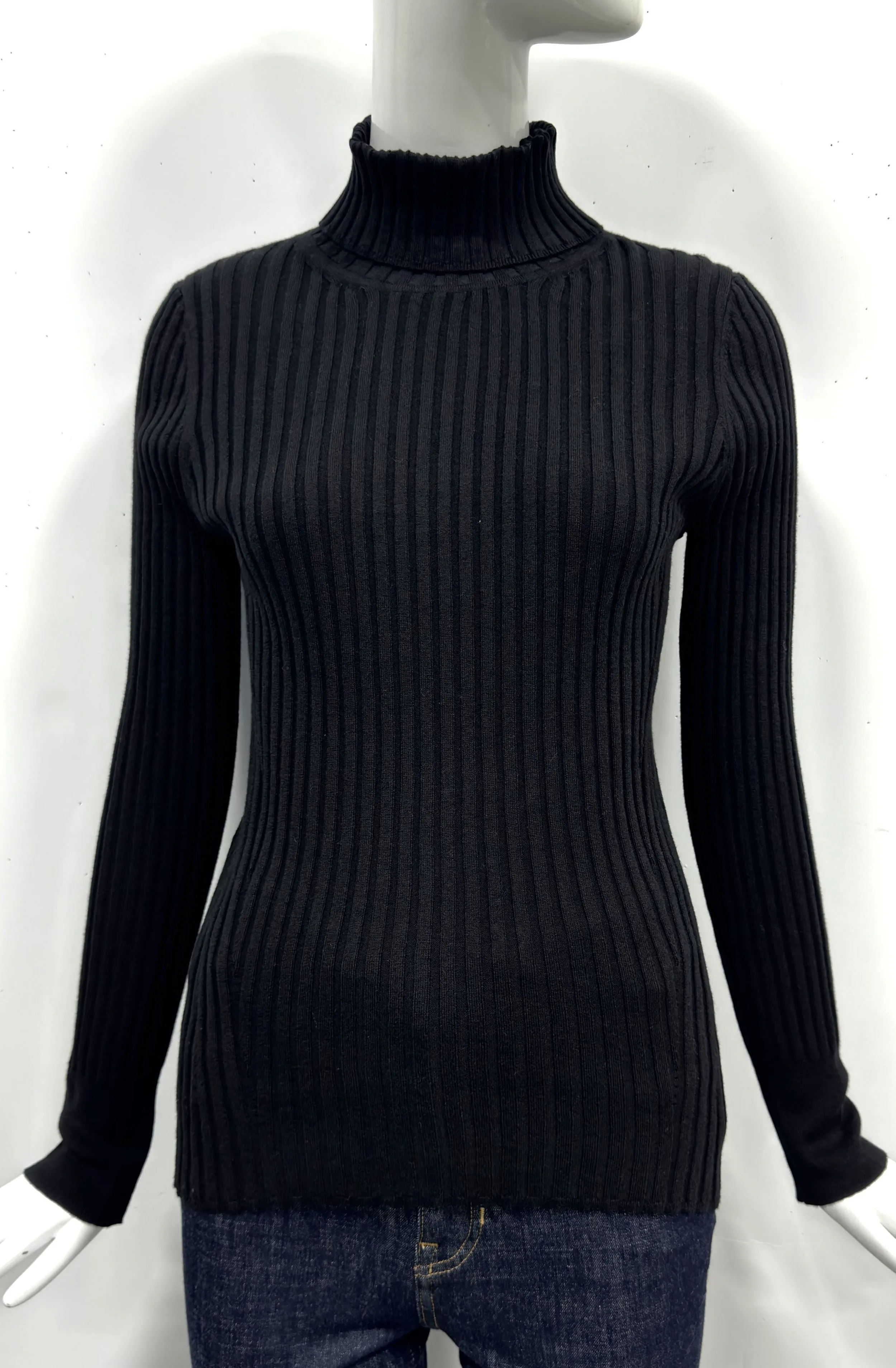Cotton/Cashmere Blend Long Sleeve Rib Turtle Neck Pullover