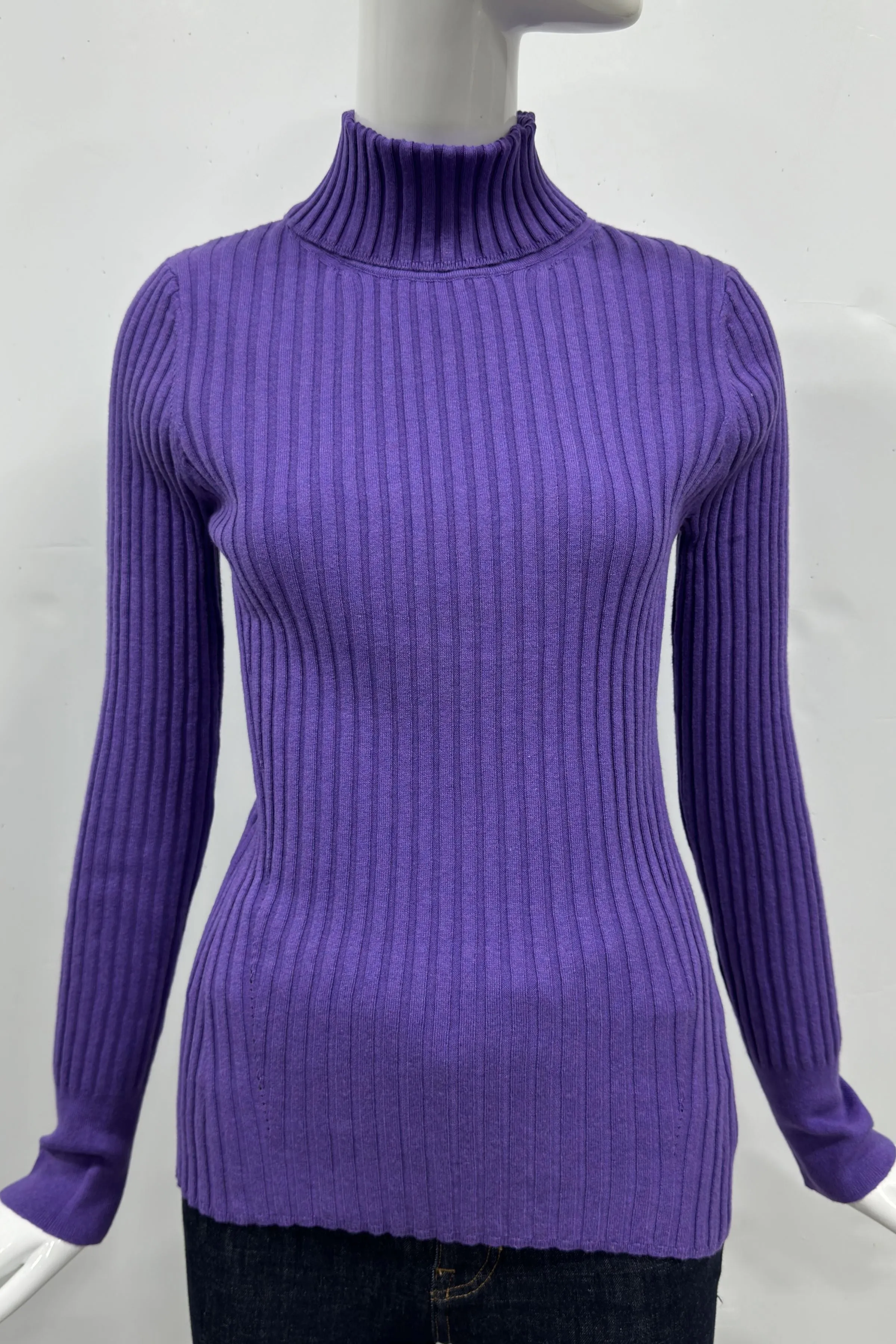 Cotton/Cashmere Blend Long Sleeve Rib Turtle Neck Pullover