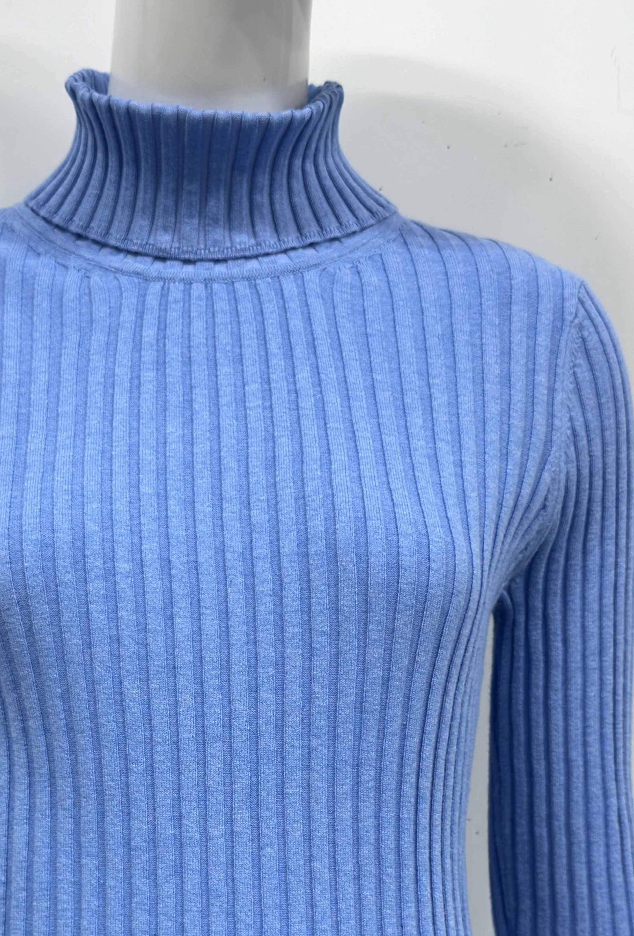 Cotton/Cashmere Blend Long Sleeve Rib Turtle Neck Pullover