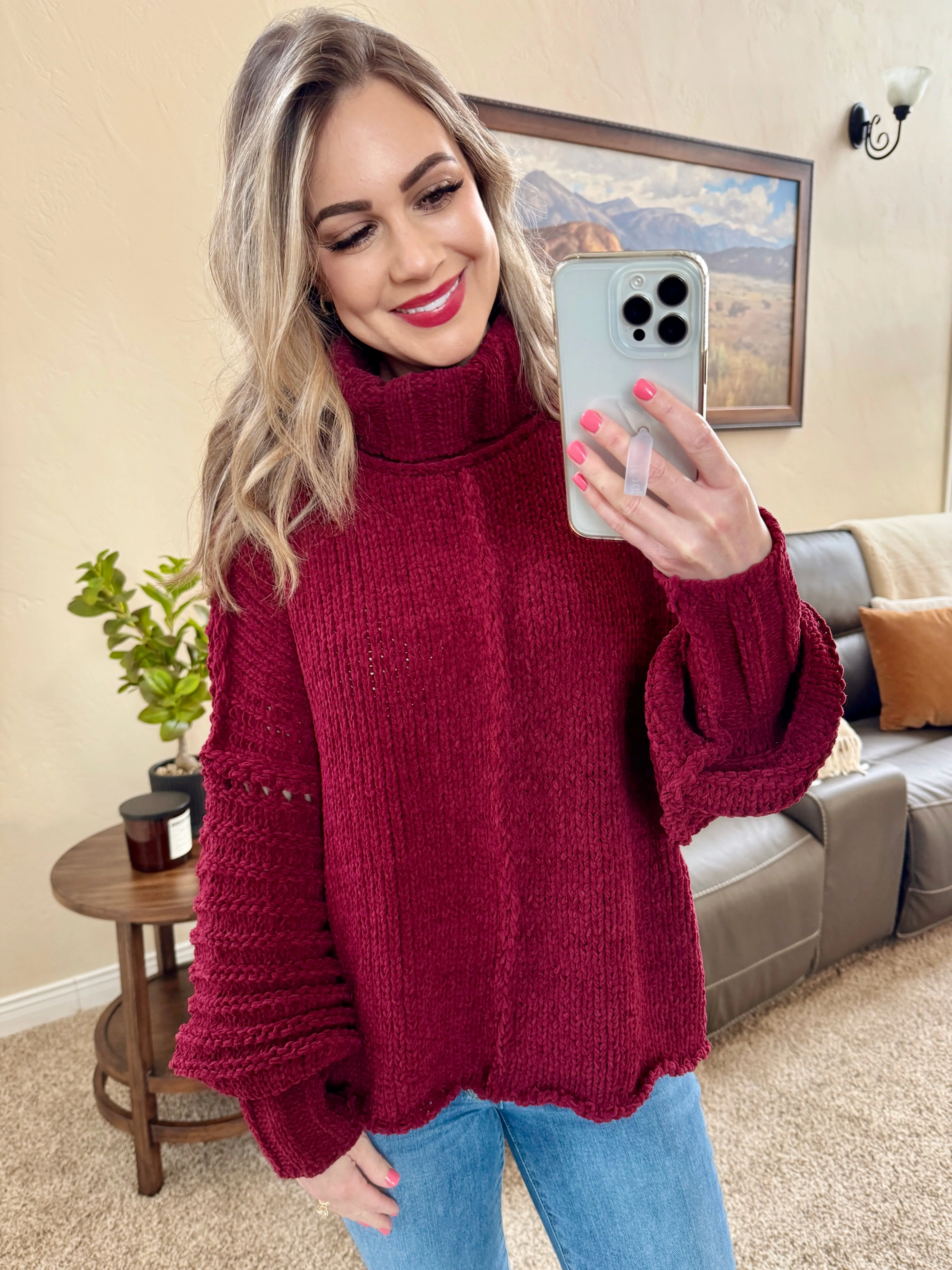 Cozy Oversized Chenille Sweater In Wine