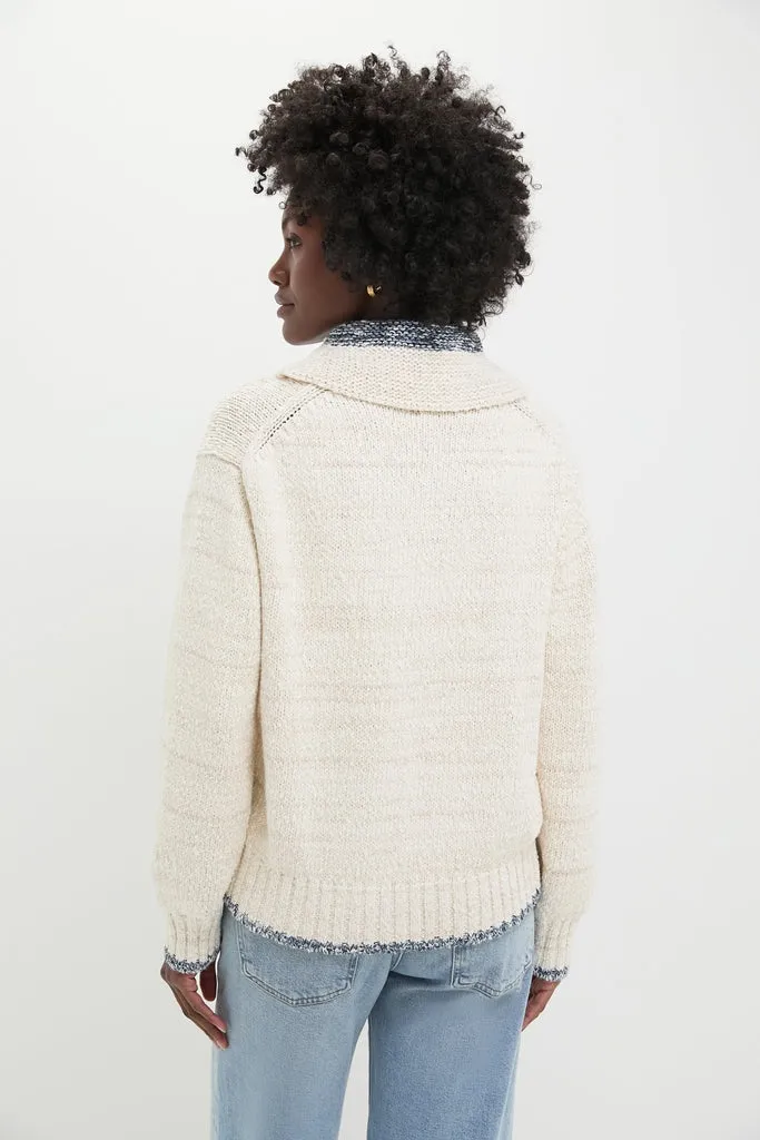 Cream and Blue Long Sleeve Cardigan Sweater