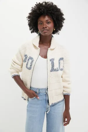 Cream and Blue Long Sleeve Cardigan Sweater