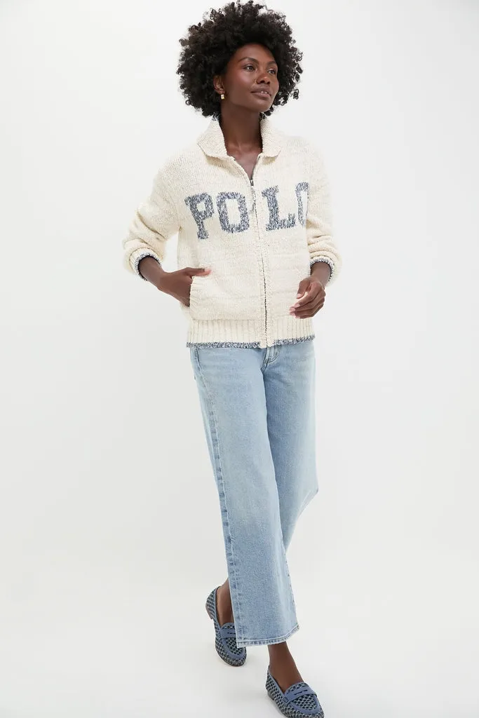 Cream and Blue Long Sleeve Cardigan Sweater