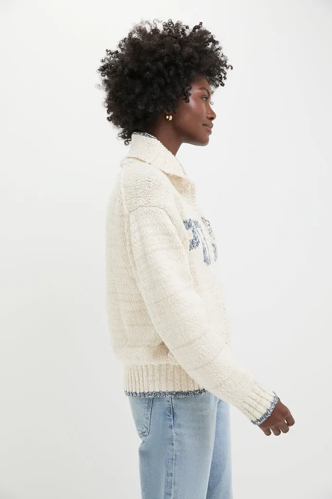 Cream and Blue Long Sleeve Cardigan Sweater