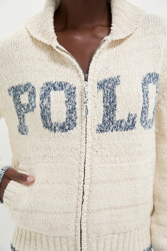 Cream and Blue Long Sleeve Cardigan Sweater