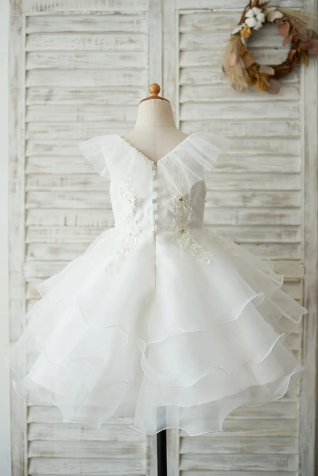 Cupcake V Neck Ivory Lace Organza Wedding Flower Girl Dress, Beading
