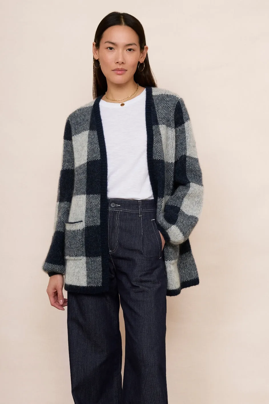 DB X Wyse Check Cardigan - Midnight/Ivory