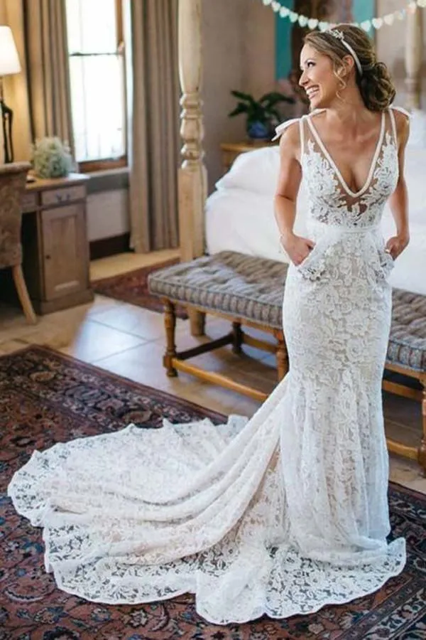 Deep V-Neck Sleeveless Ruched Backless Lace Court Train Wedding Dress TN0072