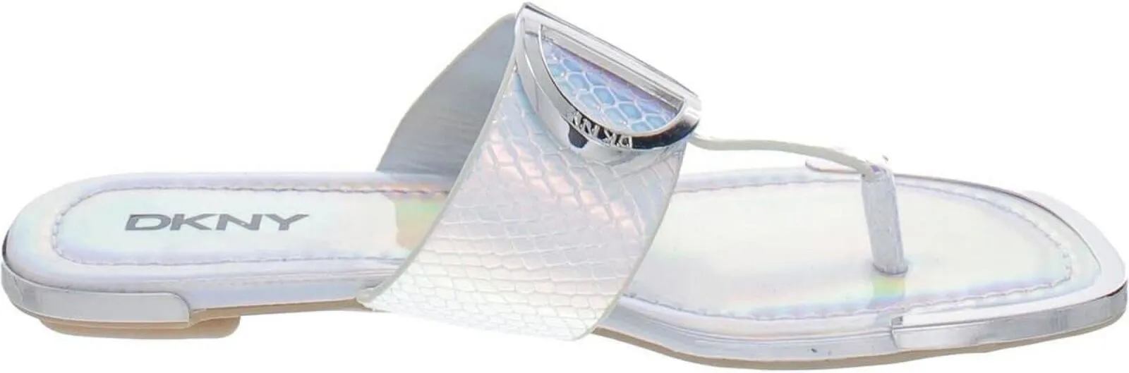DKNY Women's Flat Logo Sandal K4169795 Silver Iridescent Halcott 7.5M