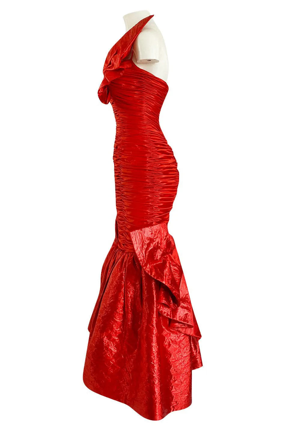 Dramatic 1987 Loris Azzaro Brilliant Red Strapless 'Flame' Dress w Flaring Skirts & Shoulder
