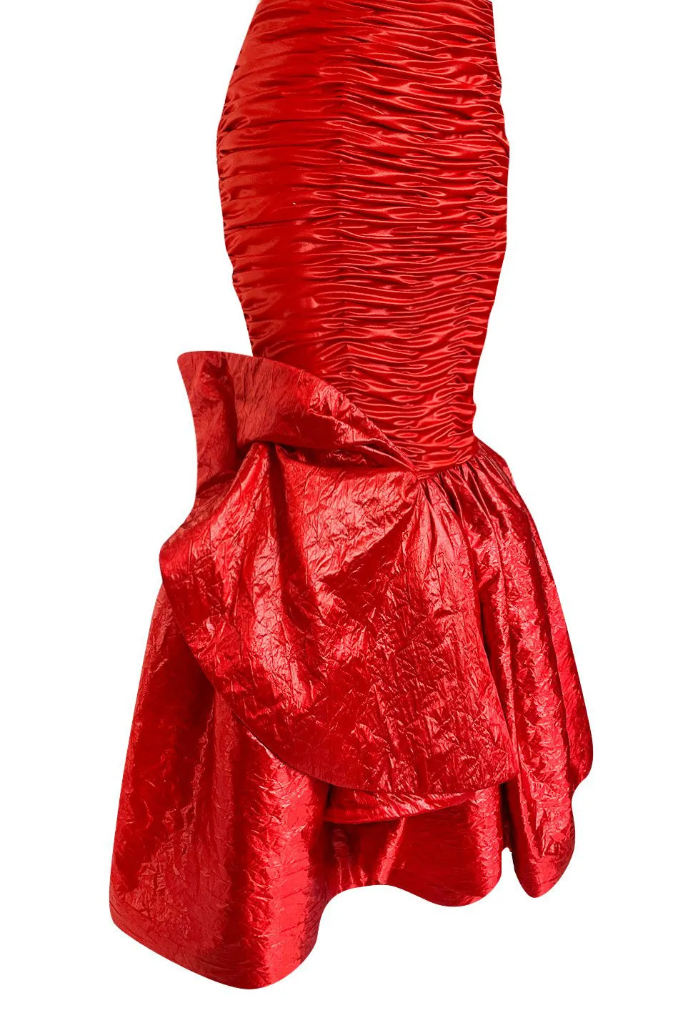 Dramatic 1987 Loris Azzaro Brilliant Red Strapless 'Flame' Dress w Flaring Skirts & Shoulder