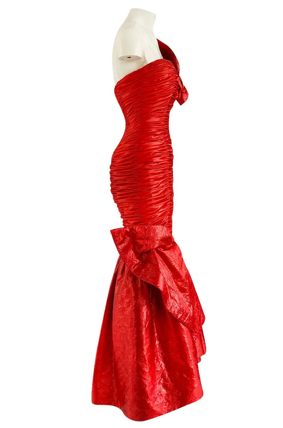 Dramatic 1987 Loris Azzaro Brilliant Red Strapless 'Flame' Dress w Flaring Skirts & Shoulder